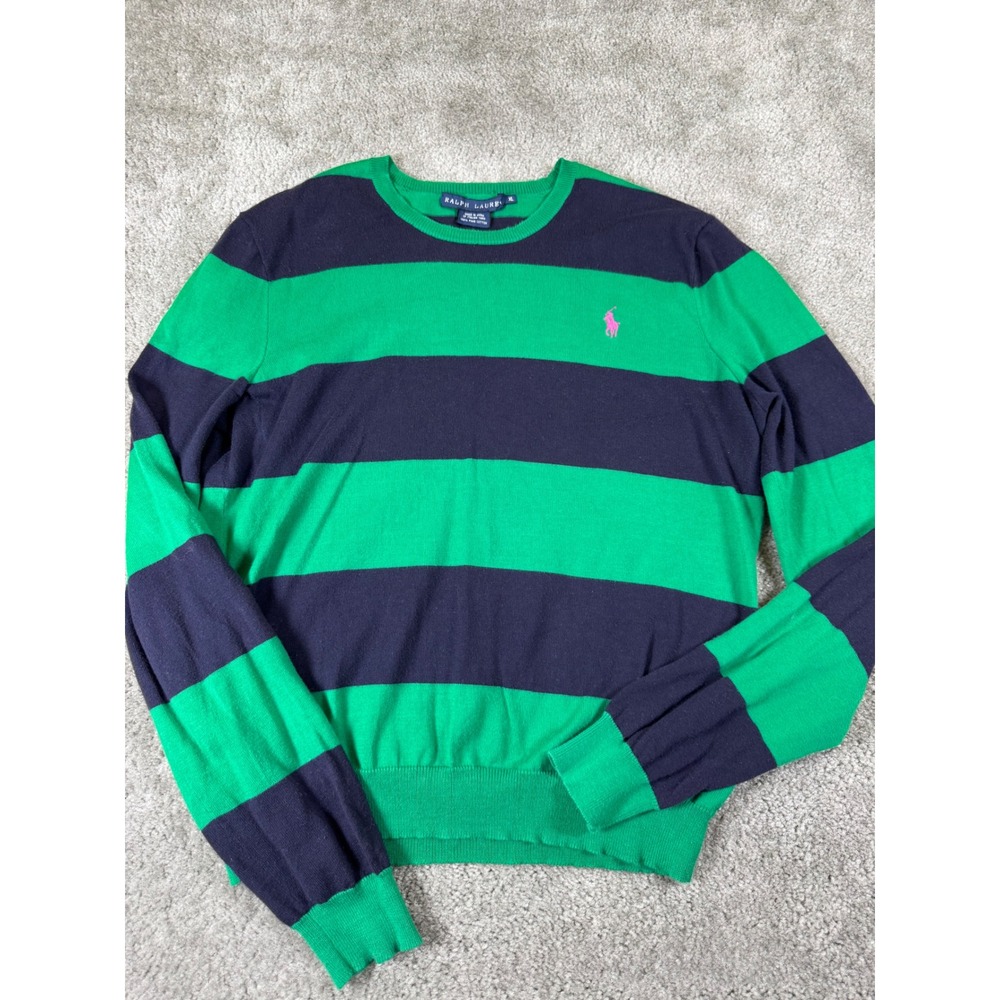 Ralph Lauren Women's Pima Cotton Striped Sweater Green Navy Blue Pink Pony XL